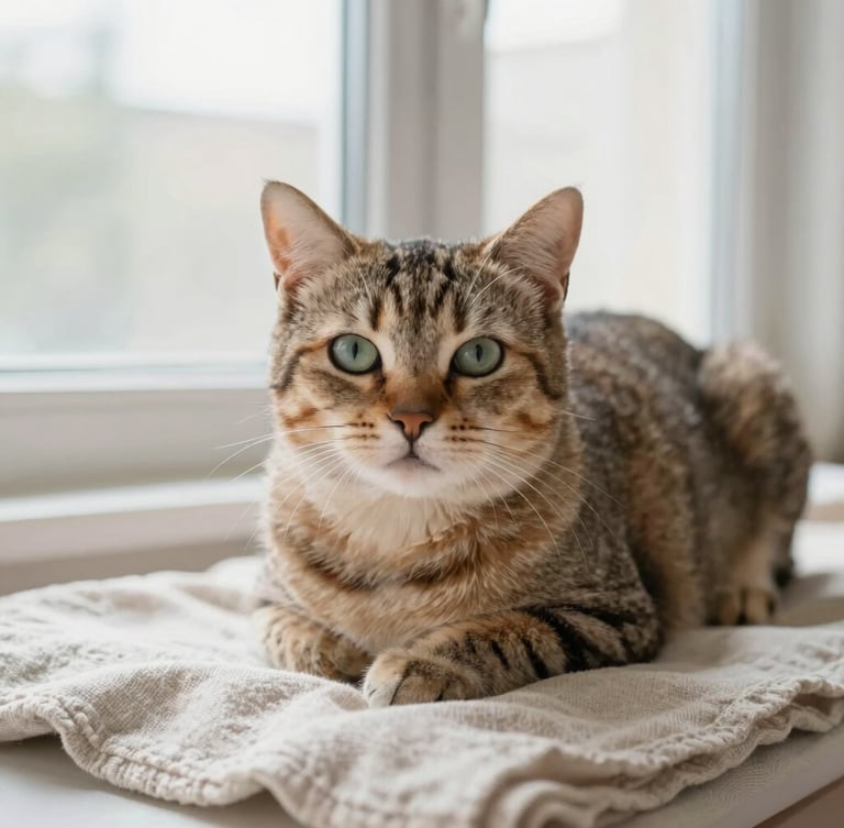 Eye-level portrait of a calm domestic cat resting on a neutral linen blanket near a sunlit window, warm clinical tones, shallow depth of field, 35mm.