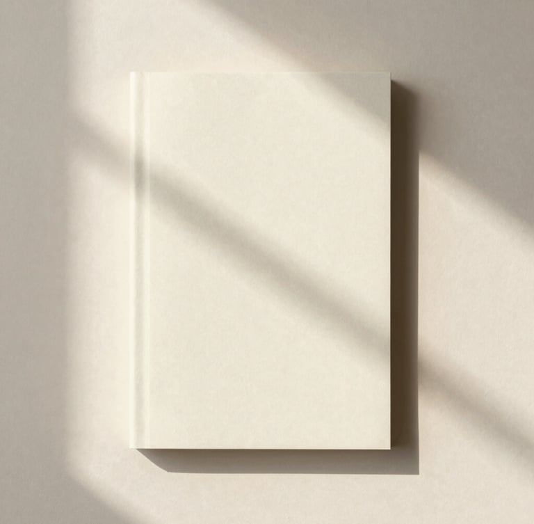 Minimalist editorial photography of a physical book cover resting on textured creamy paper, soft natural window light, gentle shadows, overhead flat-lay composition, 35mm lens