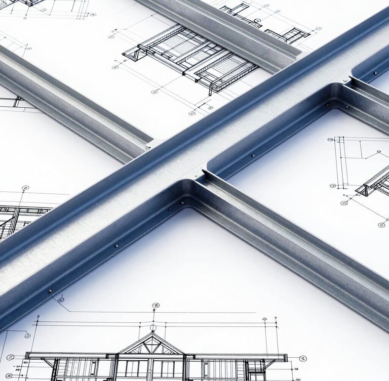 A crisp, high-contrast overhead shot of a technical structural drawing, showing detailed steel beam connections, architectural elevations, blueprint overlays, steel blue and white tones.