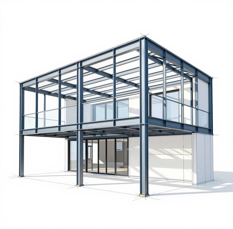 Crisp architectural elevation drawing of a modern house, showing structural steel frame details, clean white background, high contrast, technical drafting style.