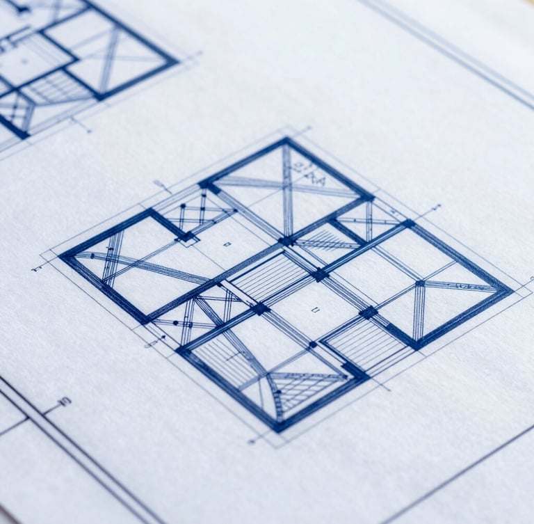 Close-up of clean technical structural drawings and architectural plans on a desk, steel blue tones, sharp geometric lines, high-contrast