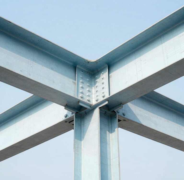 Close-up of a structural steel beam connection, detailed technical blueprint lines overlaid, crisp daylight, high-contrast architectural photography, 35mm