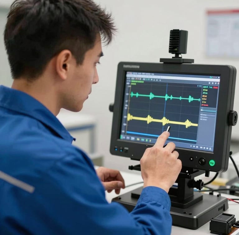 Close-up of a professional technician in a blue uniform operating a digital geophone screen, looking at signal waves, bright daylight, focused technical work.