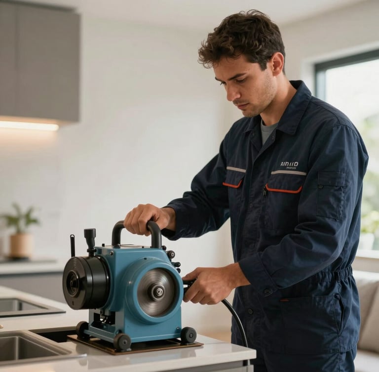 Close-up of a professional technician in a clean dark blue uniform operating a mechanical rotary drain cleaning machine inside a modern Brazilian home, focused lighting on the equipment.
