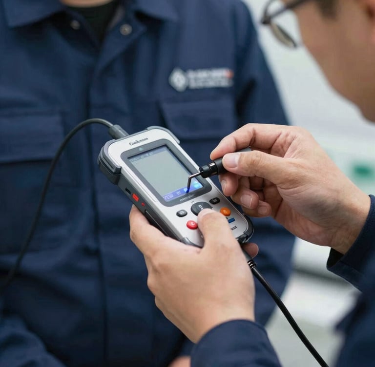 Close-up of a professional technician in a clean dark blue uniform holding a modern ultrasonic geophone diagnostic device, bright daylight, focused on hands and screen.