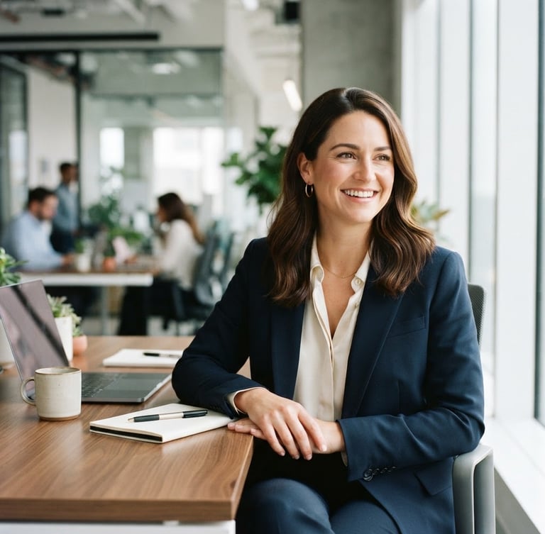 A professional woman in a modern, bright office, smiling confidently while looking slightly off-camera, natural daylight, soft shadows, 35mm lens, clean background.