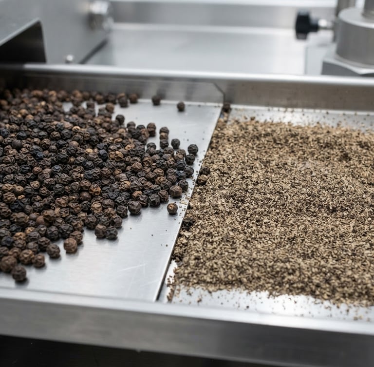 Macro shot of vibrant whole black peppercorns transitioning into perfectly uniform ground powder on a sterile stainless steel vibration tray, bright clinical lighting, sharp focus, 35mm