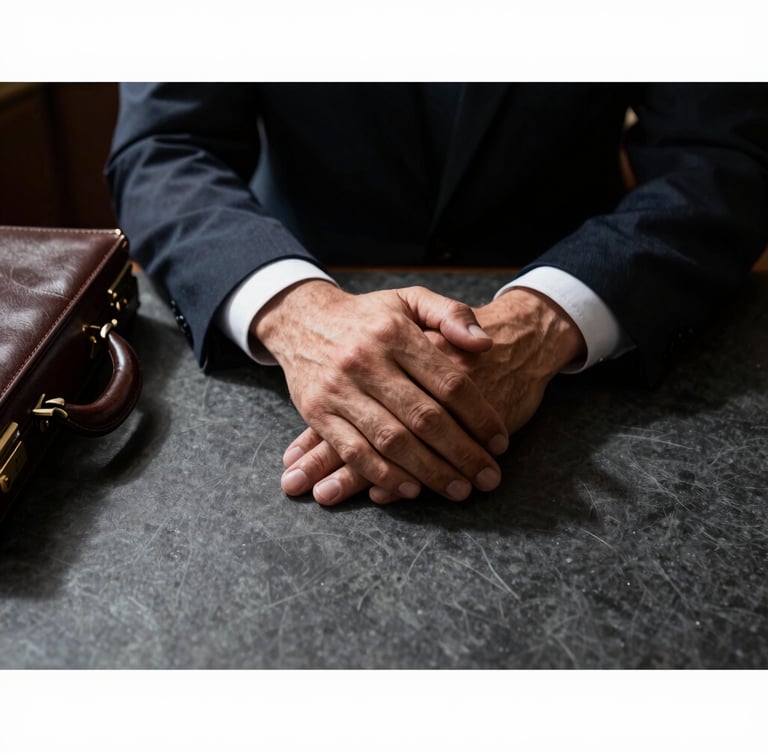 Sharp sartorial detail of a lawyer's hands resting firmly on a dark graphite desk next to a leather briefcase, deep shadows, high contrast, authoritative, 35mm.