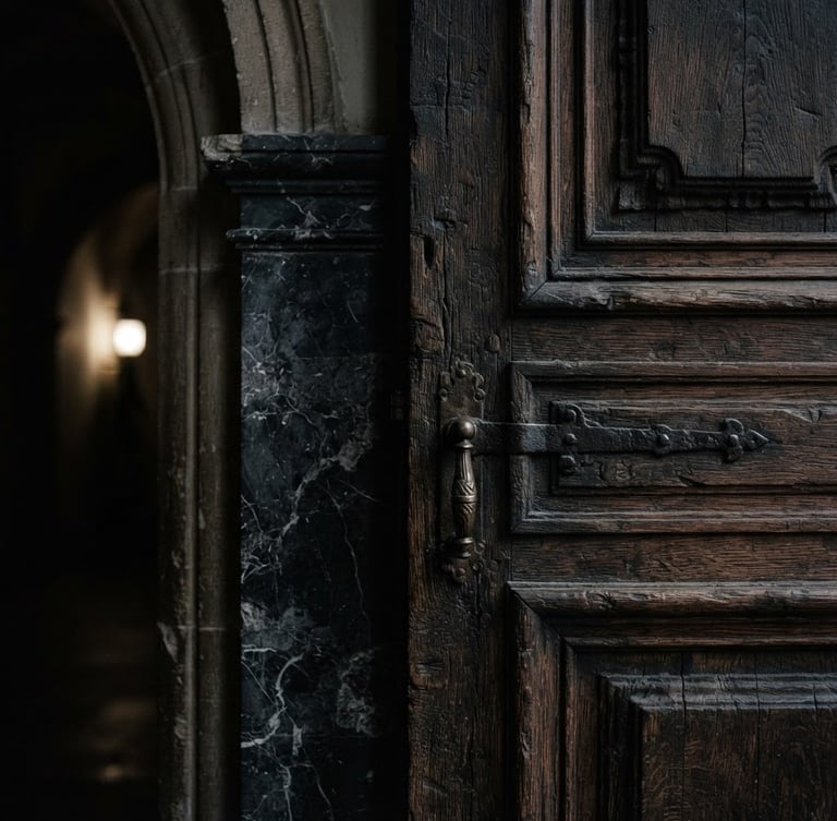 Extreme close-up of a dark marble pillar and heavy oak door, low-key lighting, deep shadows, high contrast, 35mm, imposing architectural detail.