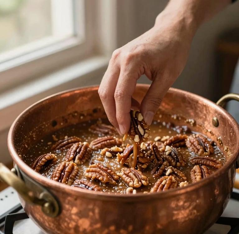 Warm editorial photography, hands gently stirring a thick pecan mixture in a traditional copper pot, soft natural light filtering through a window, rich earth tones, 35mm