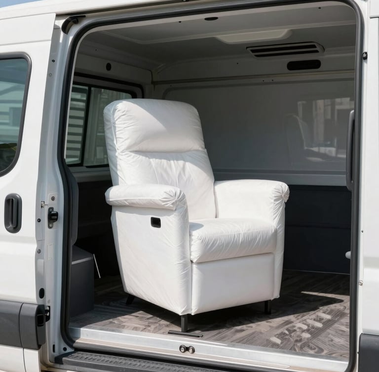 Medium shot of a pristine, wrapped modern lounge chair being carefully loaded into a clean, white moving truck under bright morning daylight, soft shadows, 35mm lens.