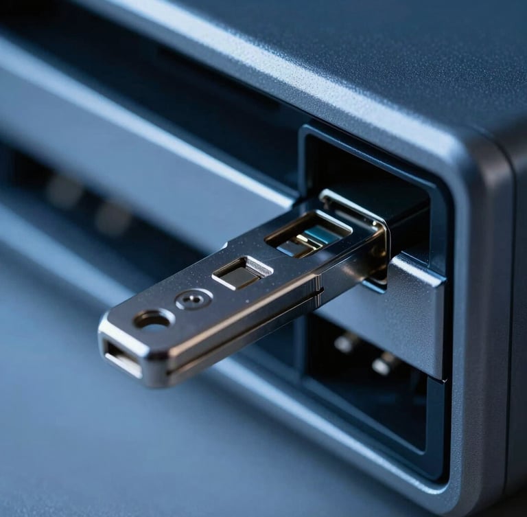 Macro close-up of a secure hardware security key inserted into a sleek metallic server slot, cool low-key blue ambient light, sharp focus, 35mm