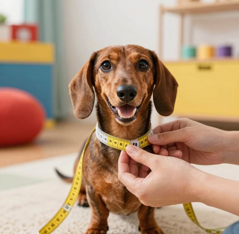 Close-up of hands gently measuring a happy dachshund with a yellow measuring tape, bright warm indoor lighting, colorful pet-friendly home background, 35mm lens