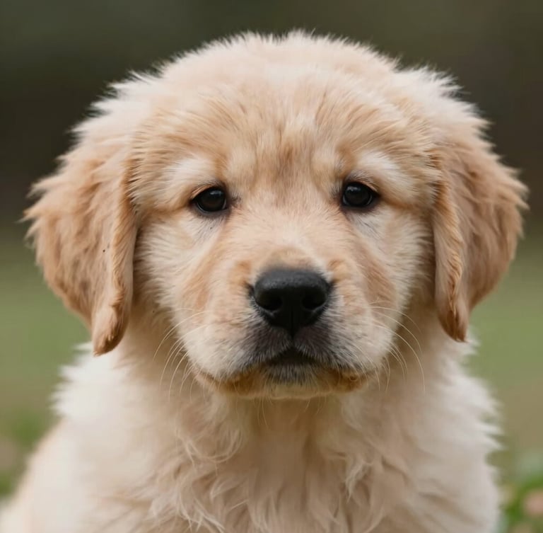 Close-up portrait of a fluffy Golden Retriever puppy looking at the camera with clear dark eyes, soft natural outdoor lighting, shallow depth of field