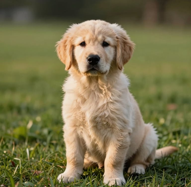 Medium eye-level shot of a healthy Golden Retriever puppy sitting on clean lush grass during golden hour, soft natural lighting, clear eyes, shallow depth of field.