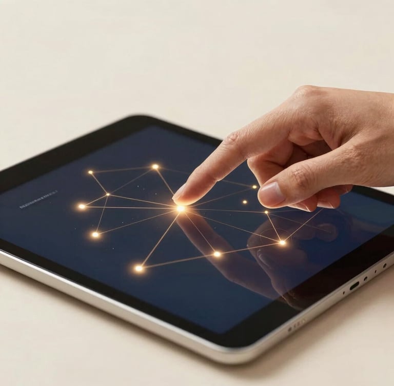 Close-up of hands interacting with a clean tablet showing data visualization and glowing network lines, soft golden light, deep navy and ivory tones.
