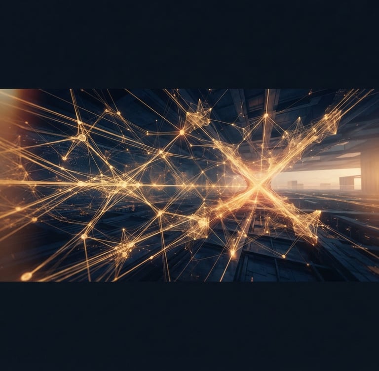 Abstract representation of data flows and glowing neural connections, warm light, deep navy and gold accents, elegant editorial photography, wide panoramic 21:9 frame, subtle glowing nodes, low horizon.