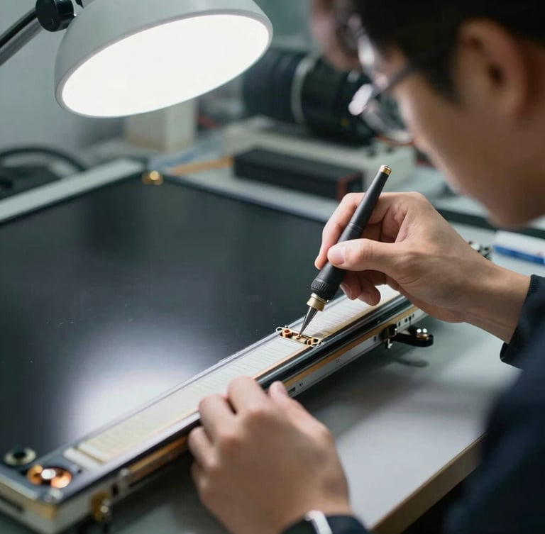 Macro shot of a technician under bright white workshop light carefully replacing backlight strips on a large television panel with precision tools.