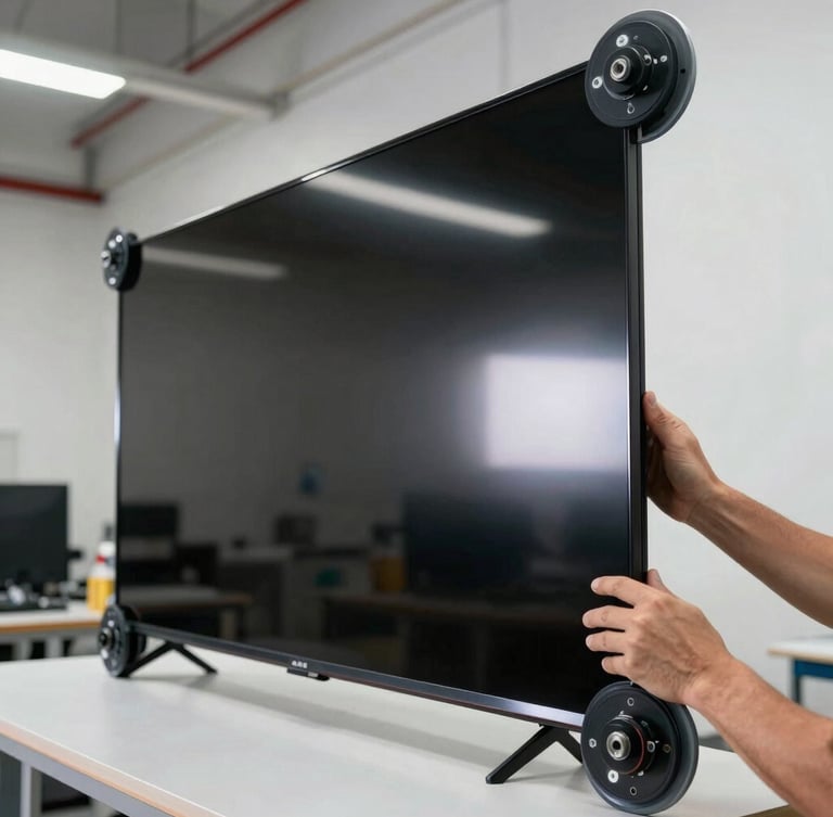 Hands carefully lifting a massive OLED television panel using industrial suction cups in a clean, high-contrast Dubai workshop