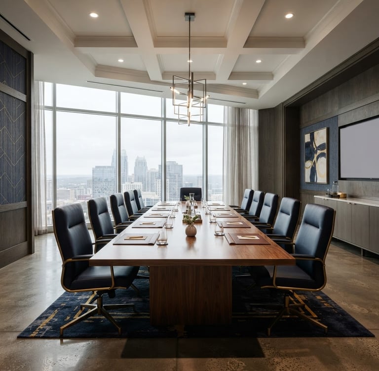 Wide shot of an elegant, empty corporate meeting room with a large polished wooden table, high ceilings, and large windows with soft diffused natural daylight, deep navy and warm gold accents, 35mm lens.