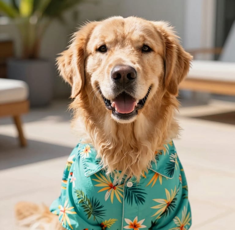 Eye-level portrait of a happy Golden Retriever wearing a vibrant teal tropical print shirt on a sunny patio, warm natural daylight, shallow depth of field