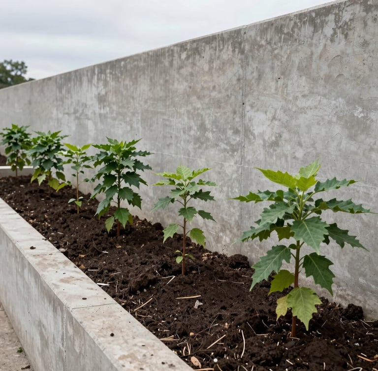Documentary architectural photography of native saplings planted in rich dark soil next to a raw concrete retaining wall, overcast daylight, 35mm lens.