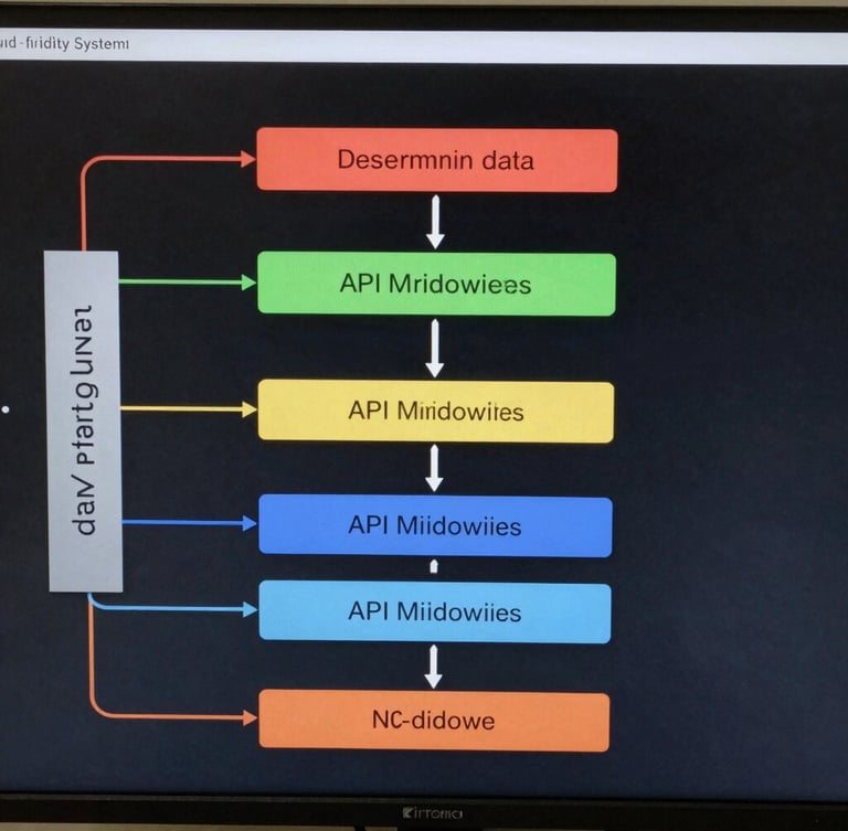 High-fidelity system architecture diagram showing deterministic data flows and API middleware layers on a dark screen.