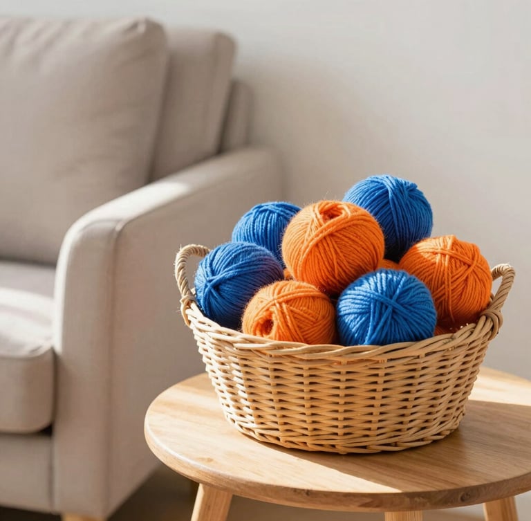 Cozy sunlit living room corner with a comfortable armchair, a basket of colorful blue and orange yarn balls on the side table, warm inviting atmosphere