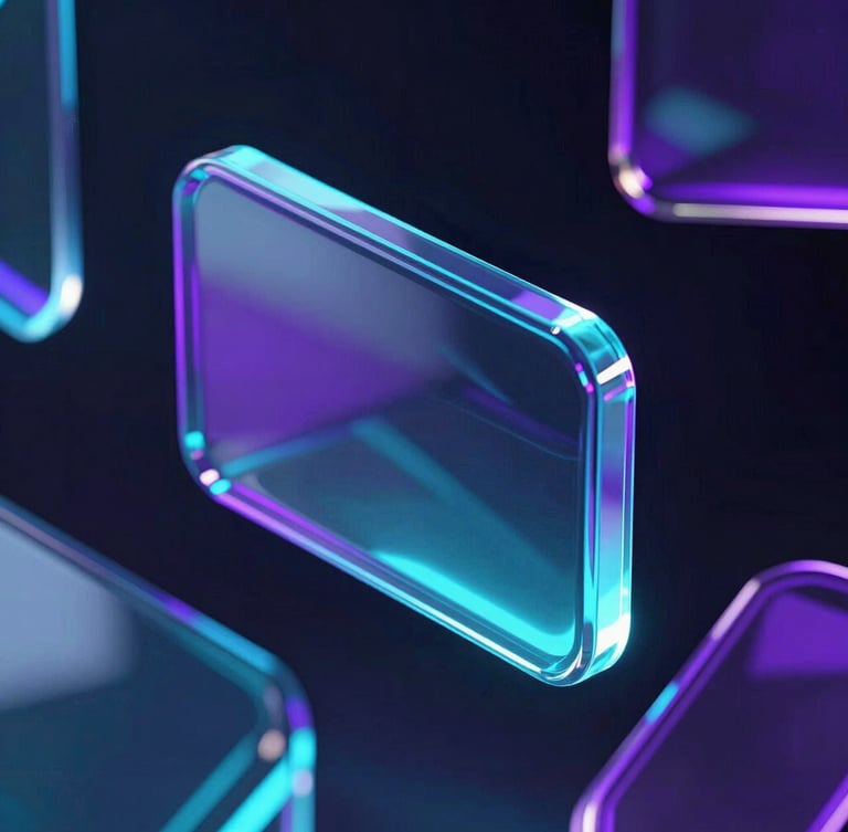 Sleek 3D render of abstract digital glass shapes reflecting vibrant neon-cyan and electric-violet light, dark atmospheric background, ultra-detailed, octane render style, 8k