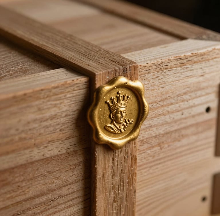 Macro close-up of a heavy wooden shipping crate sealed with golden wax and stamped with a royal insignia, dramatic low-key side lighting highlighting the wood grain.