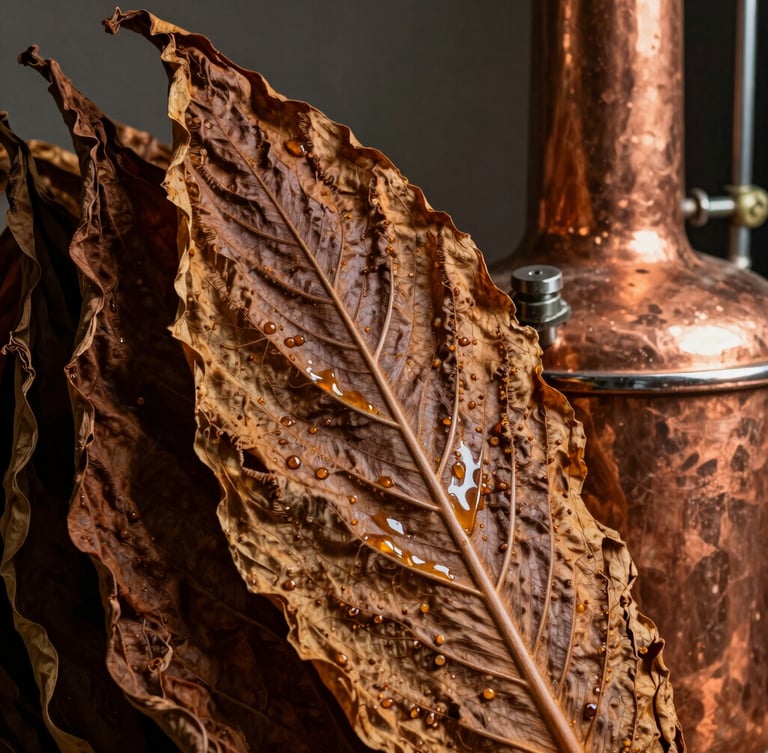 Macro close-up of dark cured tobacco leaves glistening with natural oils, resting beside a heavy copper distillation vessel, side-lit, dramatic shadows.