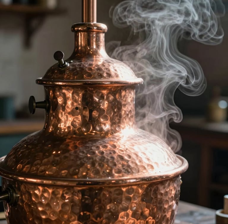 Macro close-up of a hand-hammered copper distillation vessel in a dimly lit workshop, steam rising softly, dramatic side-lighting highlighting the metallic texture