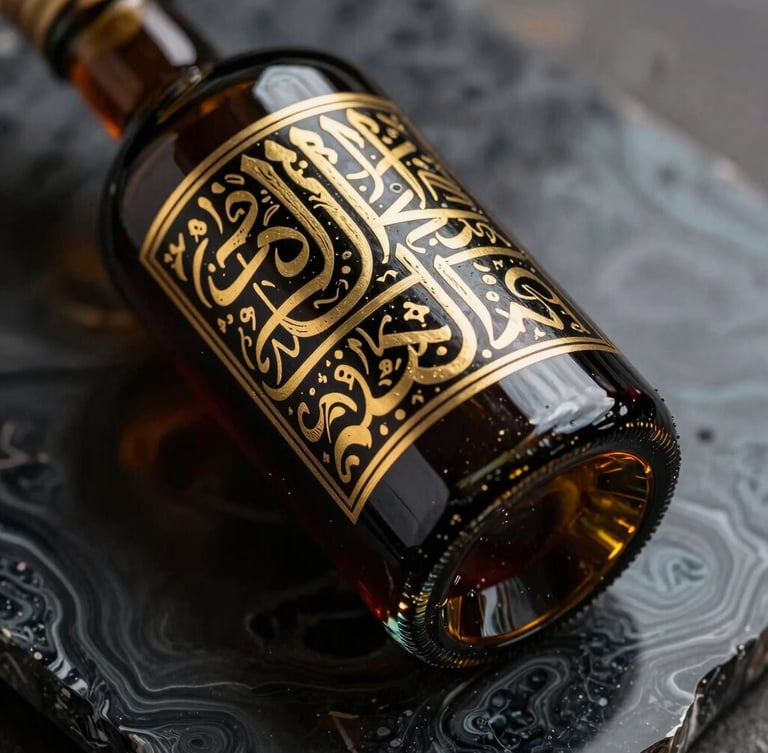 Macro close-up of a heavy-weighted dark glass zarda bottle with intricate gold foil calligraphy, resting on a polished dark malachite slab, dramatic side-lighting.