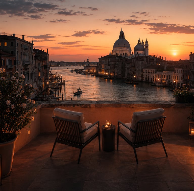 Private terrace overlooking the Venice Grand Canal at sunset luxury experience design for couples