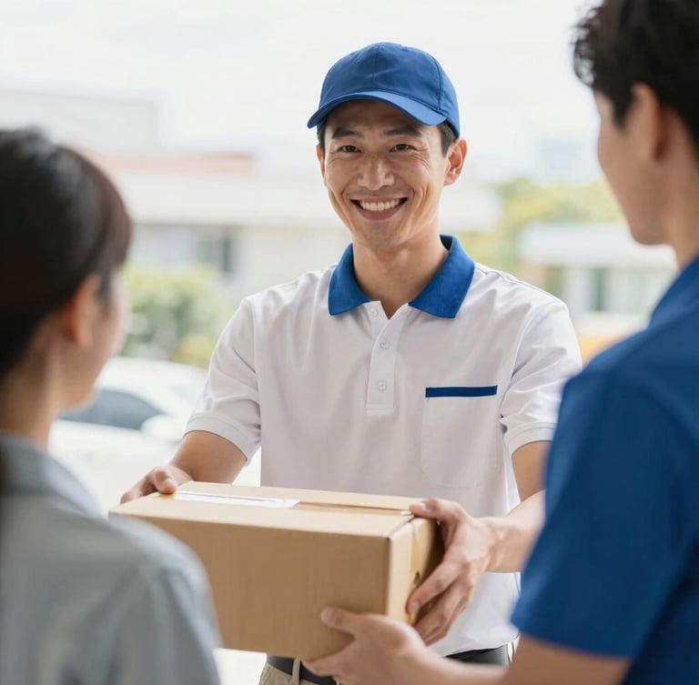Medium close-up of a professional courier driver in a clean uniform happily delivering a package to a client, bright natural morning light