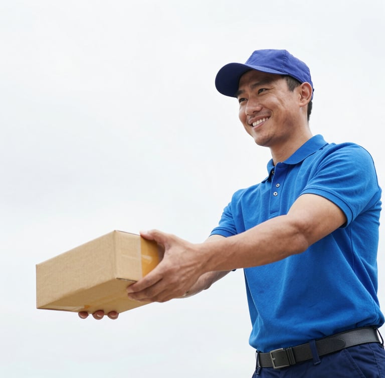 A professional delivery driver in a clean uniform smiling while handing over a package, bright overcast daylight, dynamic close-up, high-contrast clean colors