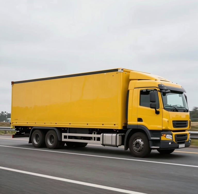 Dynamic side-profile shot of a clean yellow logistics truck driving smoothly on a highway, bright overcast sky.