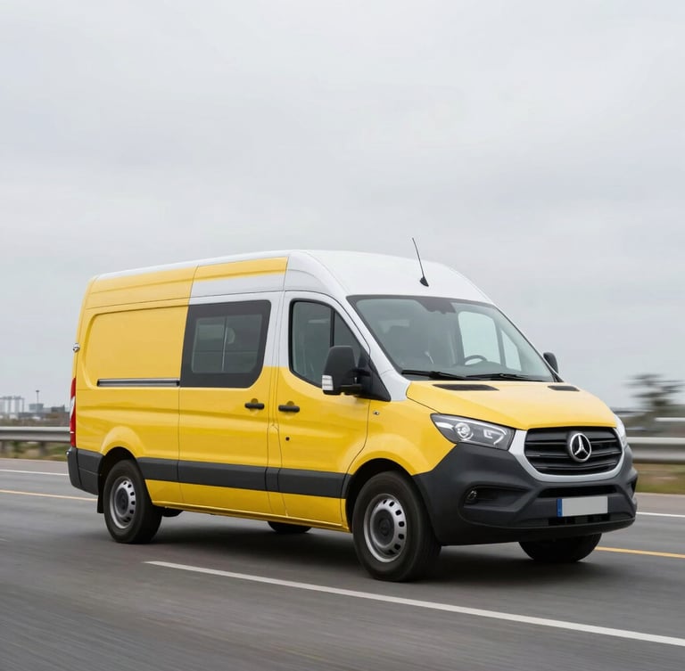 Dynamic low-angle commercial photography of a modern yellow and white delivery van in motion on a clean asphalt road, bright overcast daylight, sharp focus, wide-angle lens.