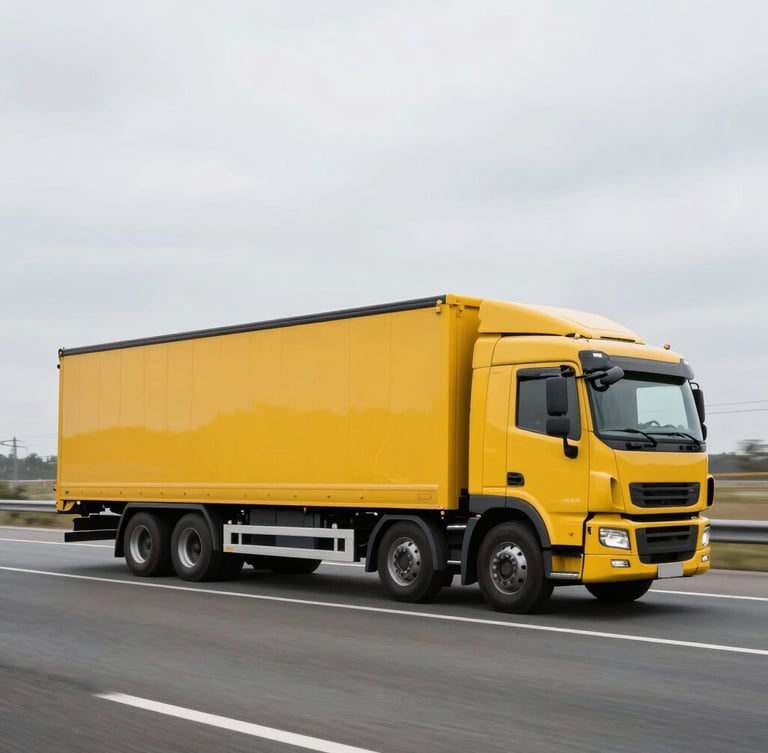Dynamic side-profile shot of a modern yellow logistics truck on a clean highway under bright overcast daylight, sharp focus, wide-angle lens
