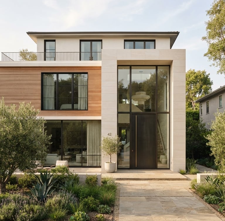 Bright architectural editorial photography of a modern luxury residential house facade with clean lines, warm natural daylight, soft shadows, sophisticated neutral tones, shallow depth of field