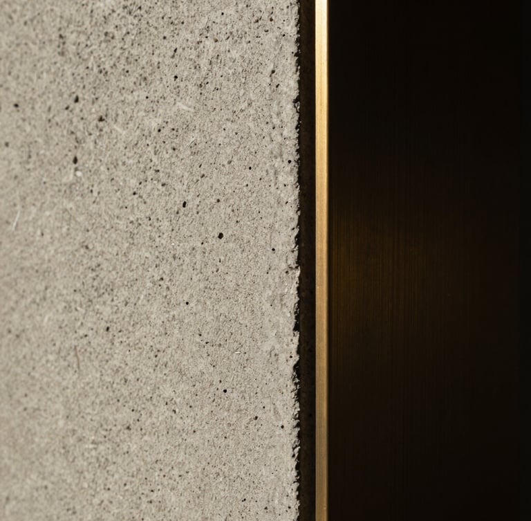 Extreme macro detail of modern textured board-formed concrete meeting a sharp bronze architectural trim, dramatic low-key chiaroscuro lighting.