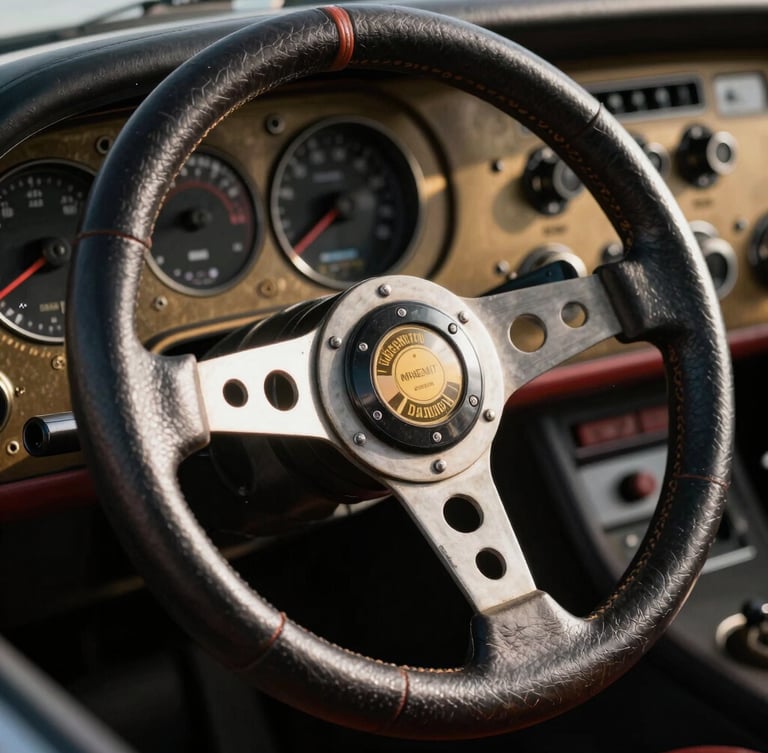 Extreme close-up of a vintage racing steering wheel with worn leather grip, high-contrast chiaroscuro lighting, deep shadows, bronze dashboard details in the background.
