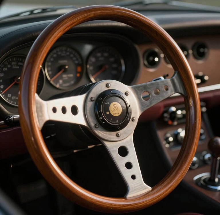 Extreme close-up of a vintage sports car steering wheel, polished wood and brushed metal spokes, dramatic low-key lighting with high-contrast shadows.