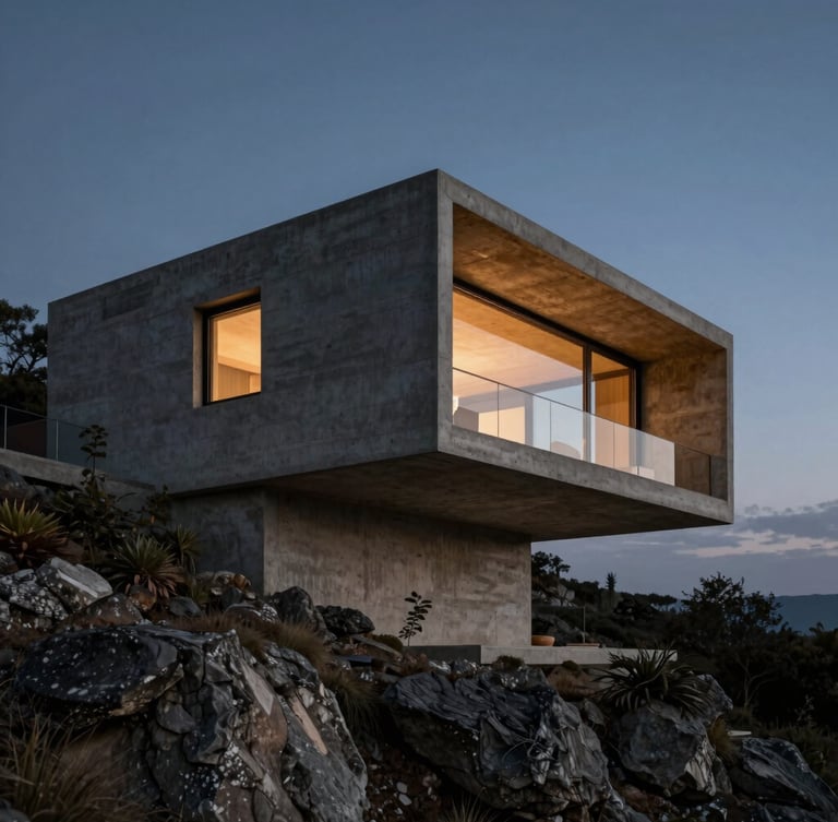 Low-key dramatic portrait of a modern concrete villa cantilevered over a cliffside at twilight, warm bronze interior light glowing