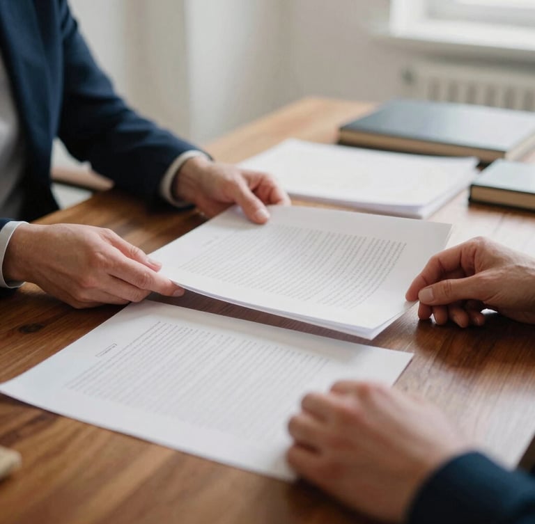 Close-up of hands reviewing physical documents on a polished wooden desk, soft north-facing daylight, deep navy and muted crimson accents, quiet strategic planning, 35mm film