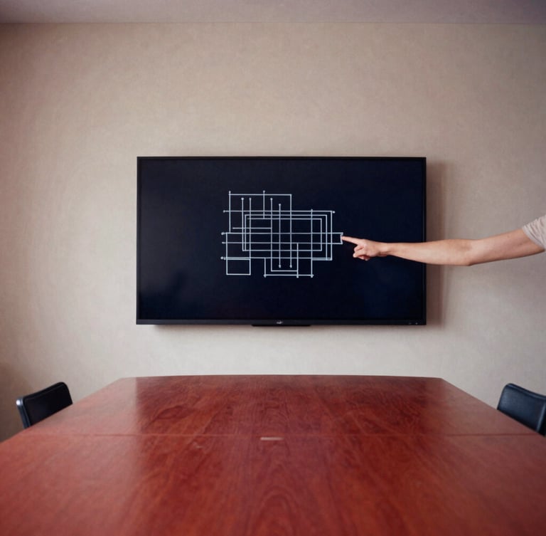 Wide shot of a minimalist Scandinavian boardroom, natural light, a hand pointing to a structural diagram on a large screen, deep navy and muted crimson accents. Soft north-facing daylight, low-contrast shadows, warm interior ambient light. 35mm film.