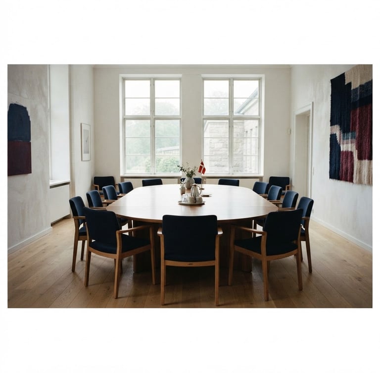 Wide panoramic of a quiet, minimalist Scandinavian diplomatic salon, soft north-facing daylight, deep navy and muted crimson accents, empty chairs around a polished wooden table, low contrast shadows, 35mm film