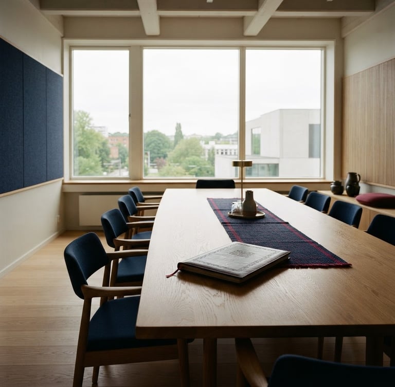 Wide environmental shot of a minimalist Scandinavian boardroom, soft north-facing daylight, deep navy and muted crimson accents, a single leather-bound document on a polished wooden table, warm editorial photography, 35mm film
