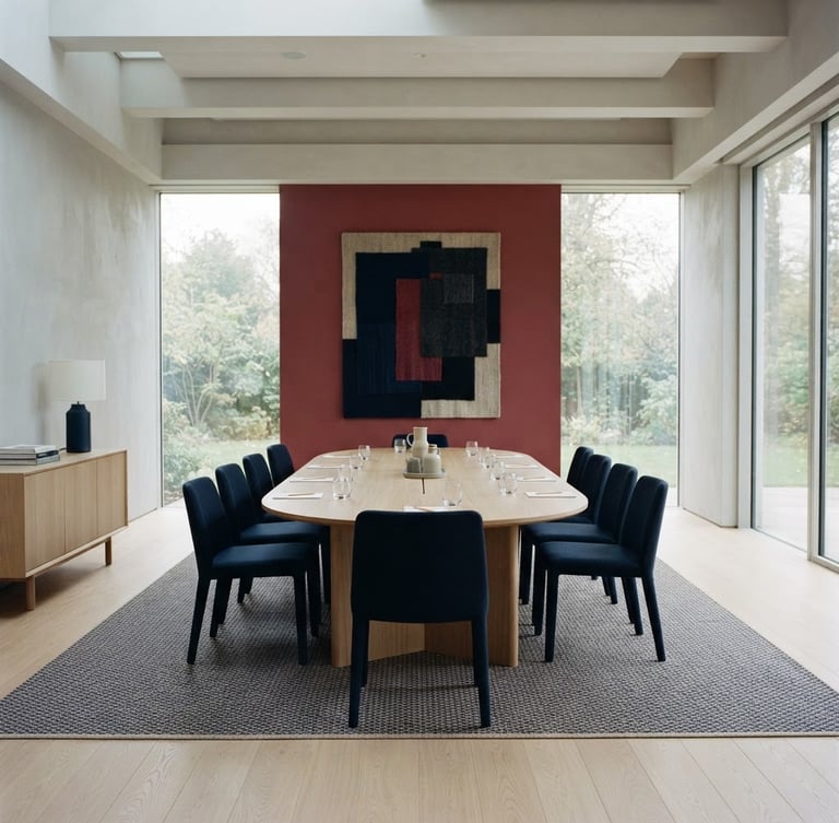 Elite diplomatic salon, minimalist Scandinavian interior, soft natural light, empty, quiet, deep navy and muted crimson accents, wide angle.