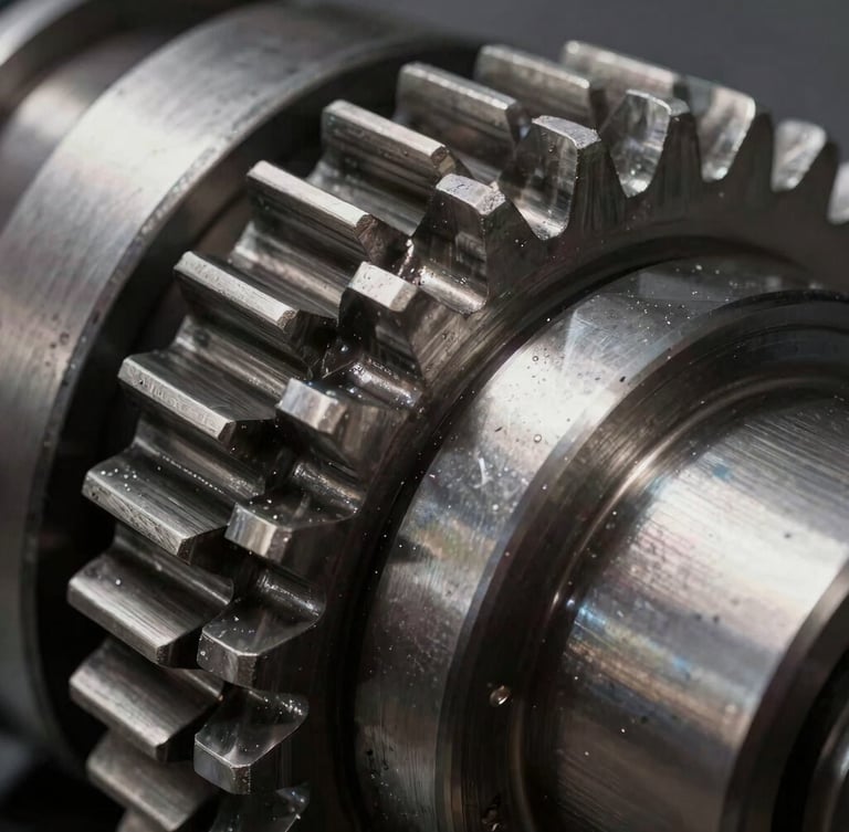 Macro close-up of a heavy-duty precision-machined steel gear, high-contrast industrial lighting, sharp metal teeth